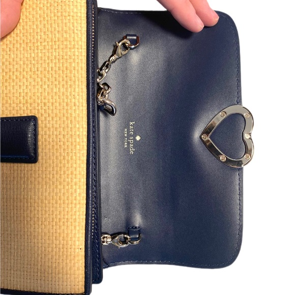 NEW* Kate Spade Robyn Straw HandBag Nightcap Flap Chain Wallet Clutch Navy Logo - Picture 12 of 15